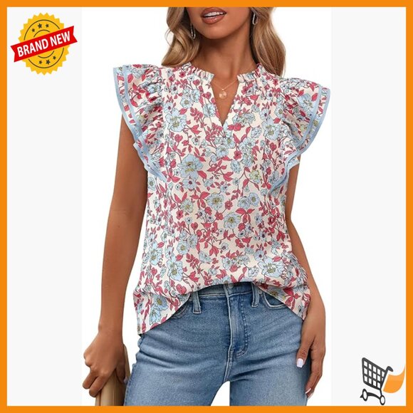 Tops - Lightweight Flowy Blouse V-Neck Cap Sleeve Ruffle Details Business Casual